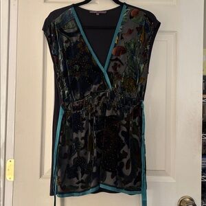 Hale Bob vintage Black and Teal velvet Beaded tunic Top